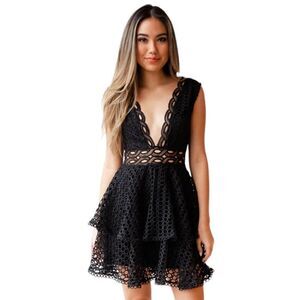 Mad For Love Navy Blue Academia Crochet Illusion Formal Low Back Midi Dress